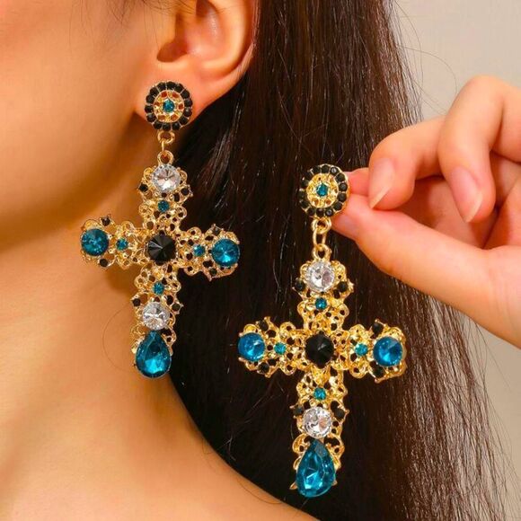 Dark Romance Vamp Goth Regency Renaissance Gold Overlay Crystal Cross Earrings - Picture 1 of 4